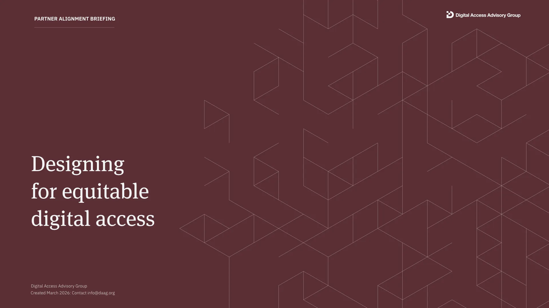 A premium corporate presentation title slide for Digital Access Advisory Group titled 'Designing for equitable digital access' featuring an elegant serif typeface over a deep burgundy background with thin-line geometric architectural vector patterns.