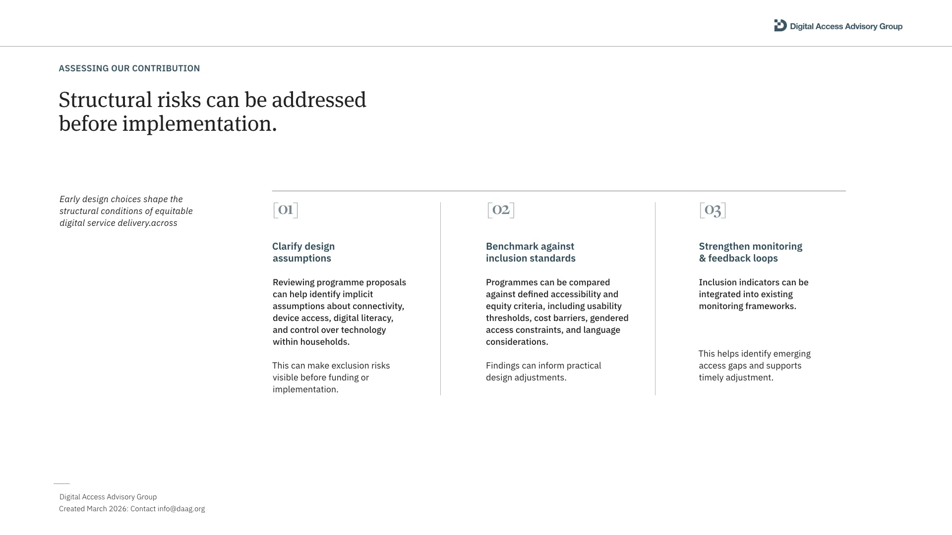 A clean, professional business presentation slide titled 'Structural risks can be addressed before implementation' featuring a minimalist three-column layout with numbered headings 01, 02, and 03 to outline consulting solutions.