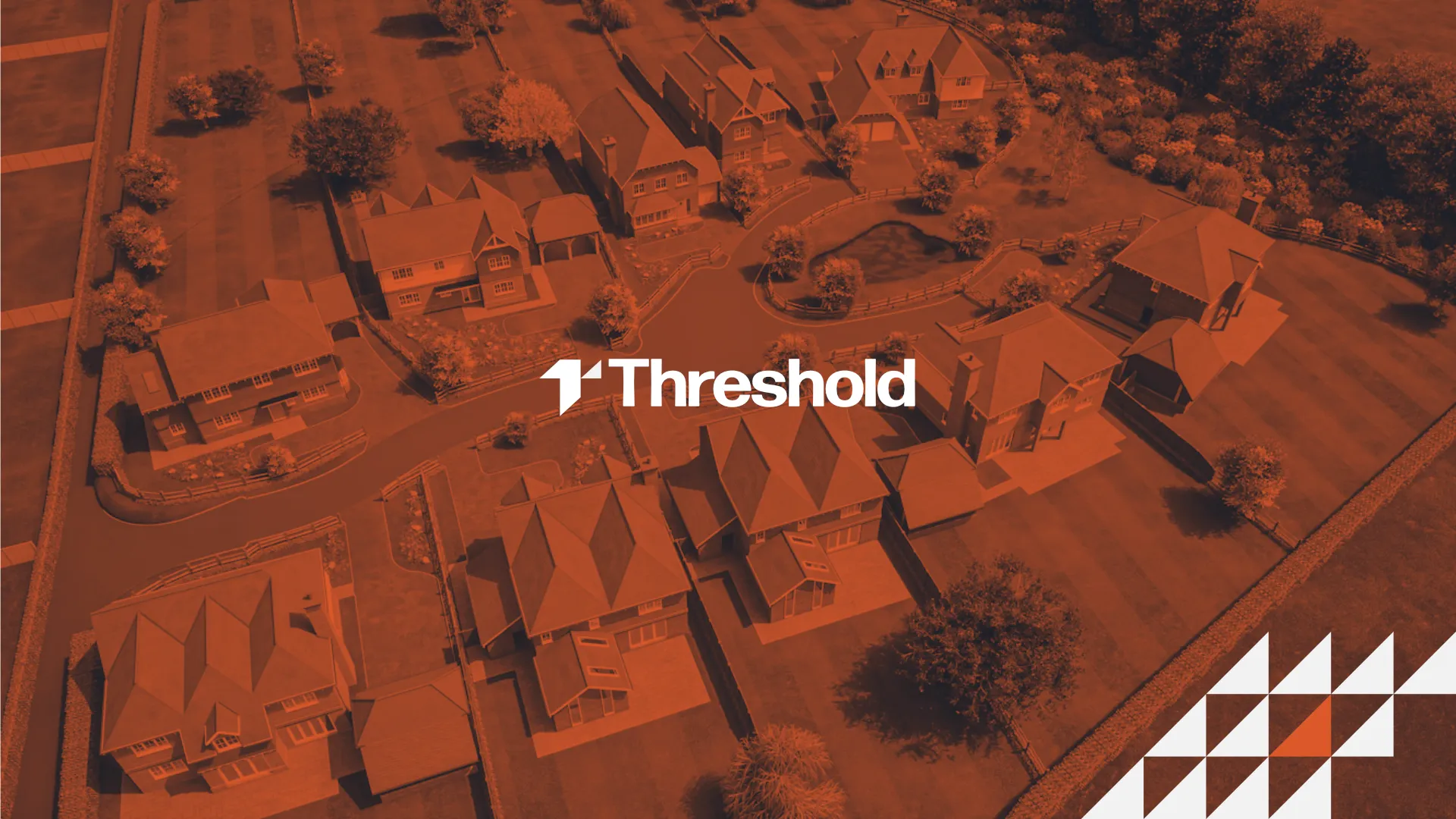A professional corporate presentation closing slide for Threshold featuring a centered brand logo superimposed over a muted orange aerial view of a residential neighborhood.
